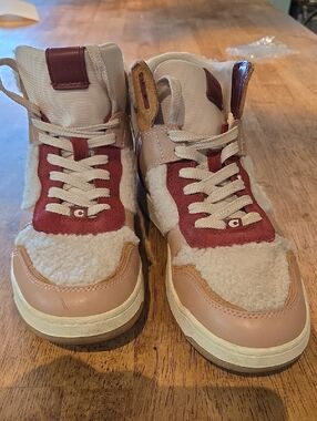 Coach Women's High-Top Sneakers in Beige and Burgundy